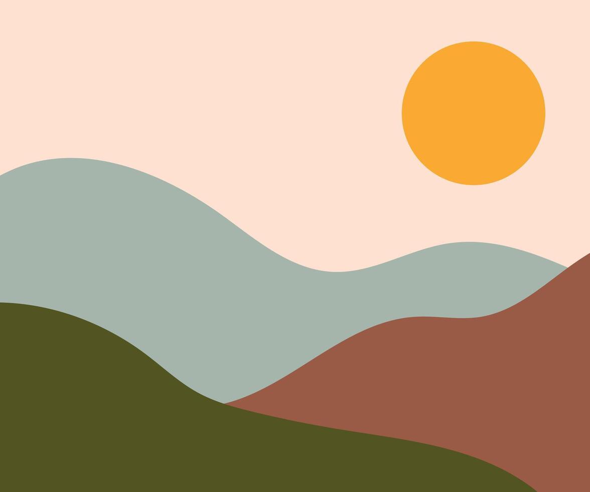 Minimalist Landscape with Colorful Hills and Sun. illustration of a minimalist landscape featuring rolling hills in earthy tones and a bright yellow sun in a clear sky. vector