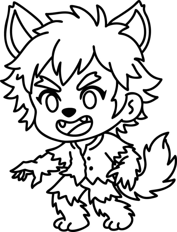 Chibi Werewolf Boy Halloween Costume Coloring Page vector