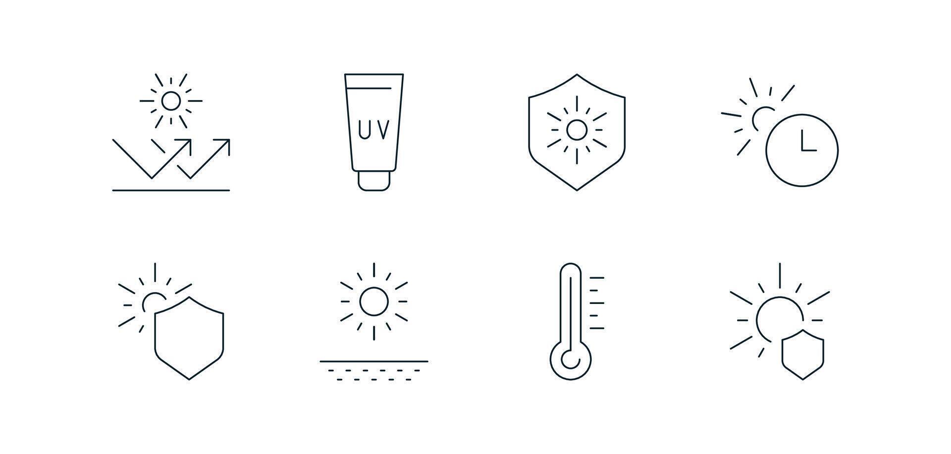 Set of sun protection and UV care icons, including sunscreen lotion, SPF shield, sunlight reflection, skin health, UV rays, hydration, and linear minimalist style. vector