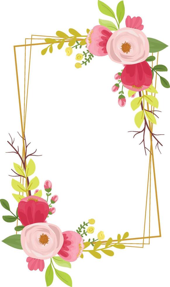 Maroon Red Rose Floral Frame with Golden Border and Lush Green Leaves vector