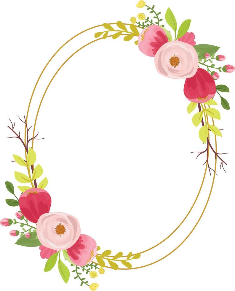Romantic Maroon Rose Wreath with Golden Circle and Delicate Botanical Details vector