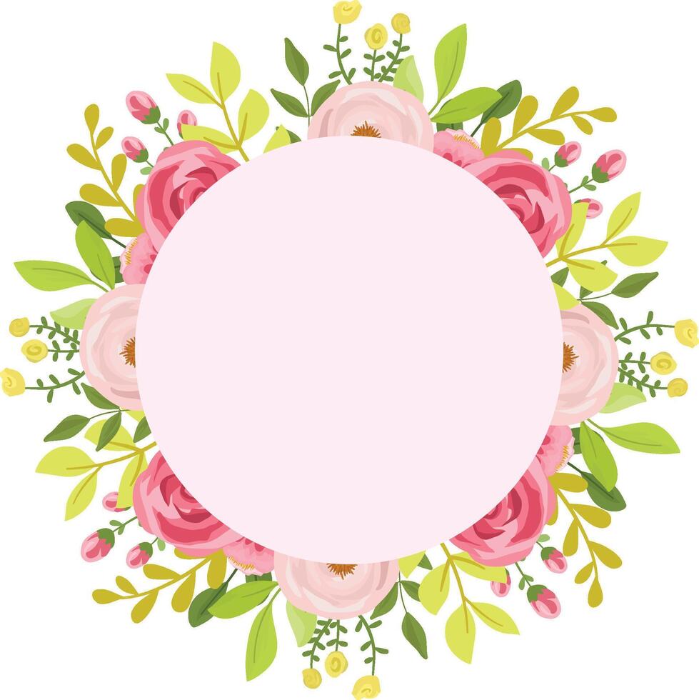 Maroon Red Rose Floral Frame with Green Leaves and Delicate Wildflowers vector