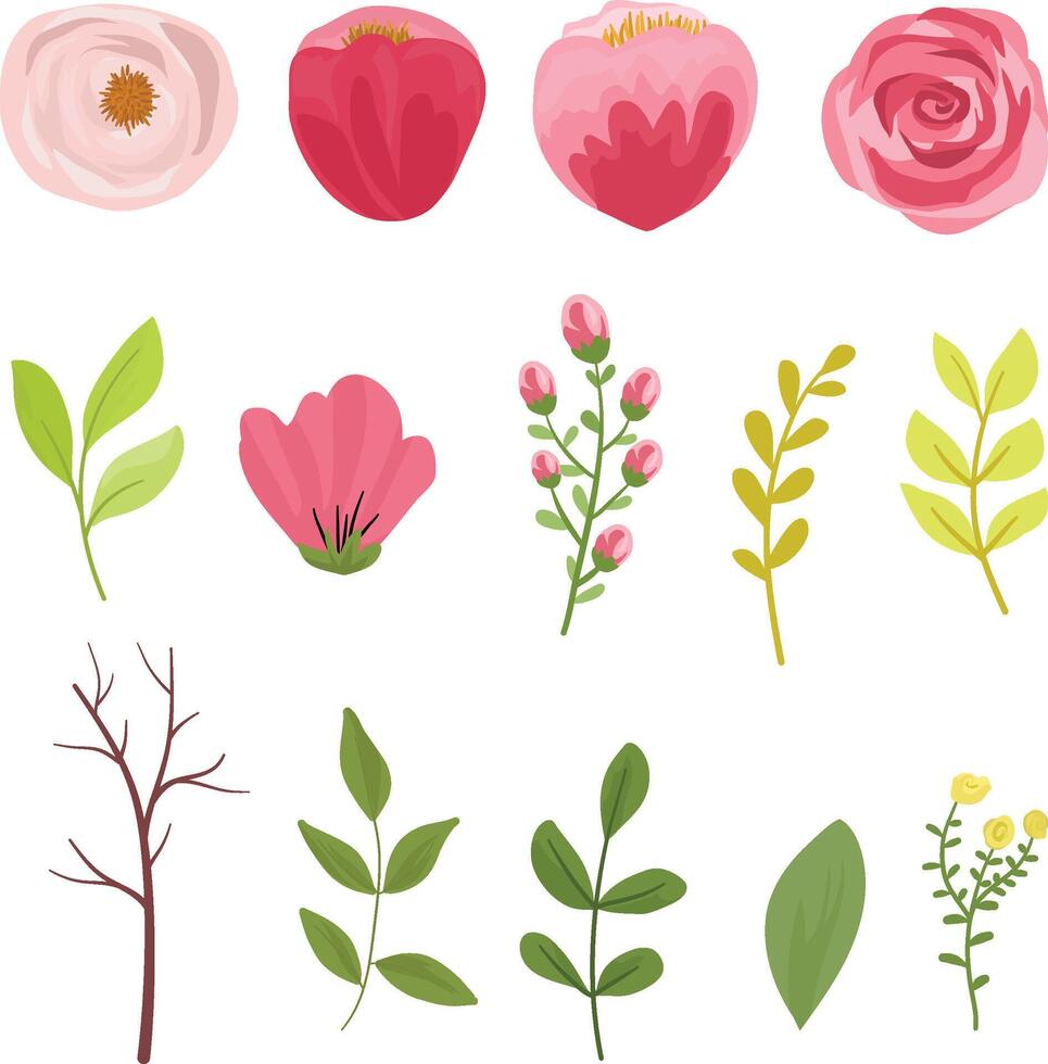 Maroon Red Rose with Leaves, Branches, and Wildflowers Floral Element Design vector