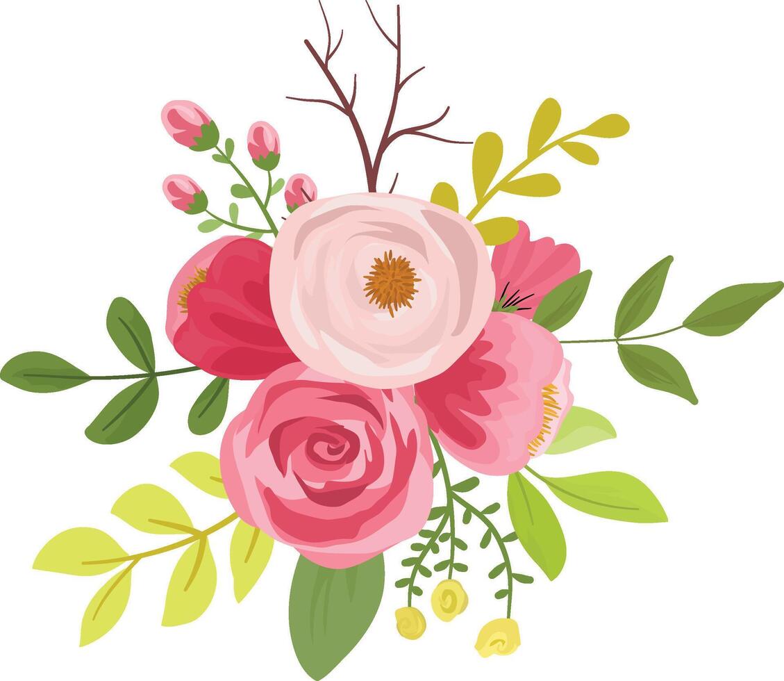 Maroon Red Rose Bouquet with Greenery and Wildflowers vector