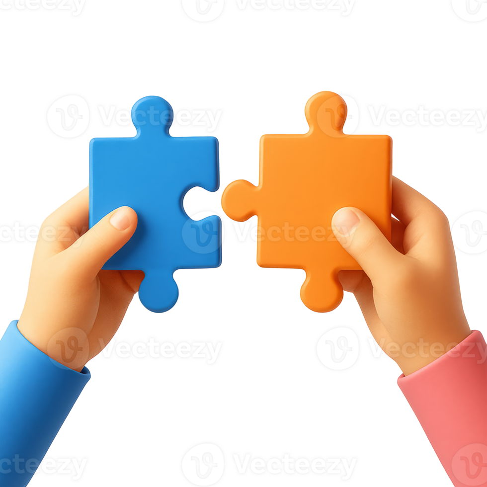 Two hands holding a blue and orange puzzle piece about to connect in a transparent background png