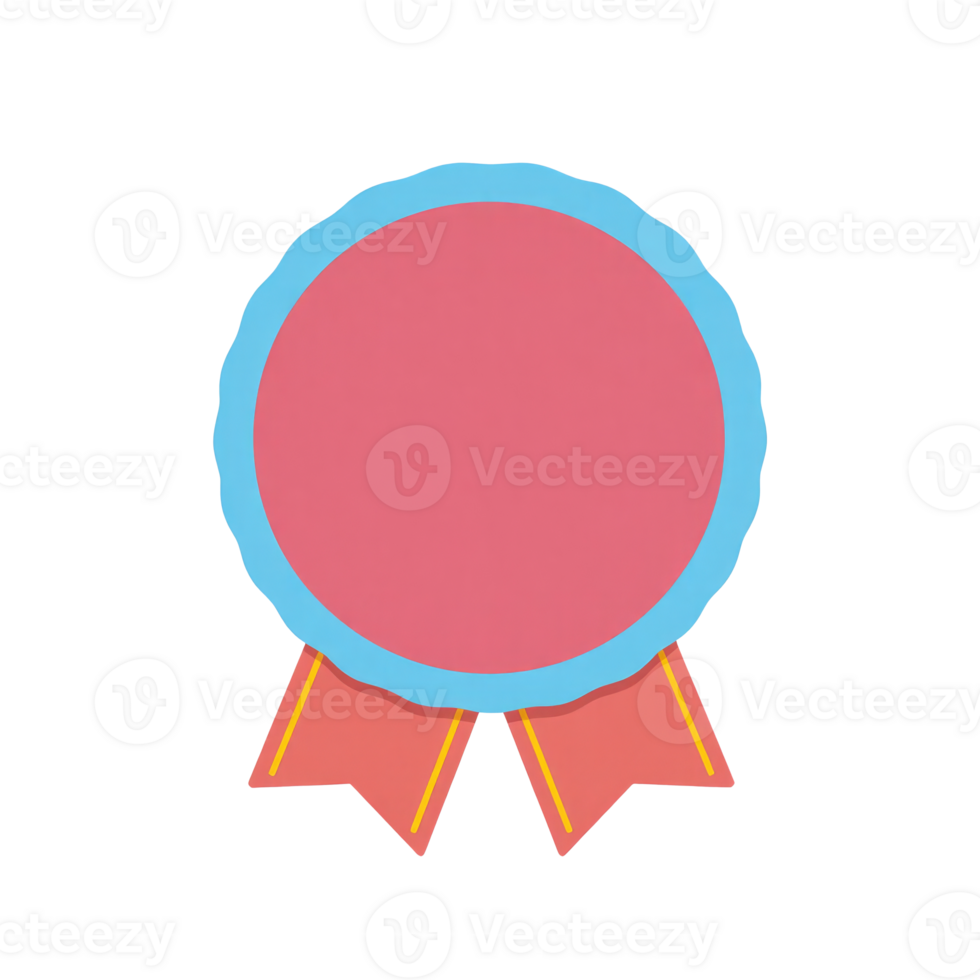 A pink badge with a blue border and two red ribbons with yellow stripes on a transparent background png