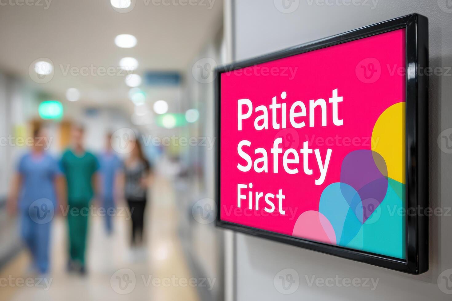 Sign displaying Patient Safety First in a hospital corridor, with blurred healthcare professionals in scrubs walking in the background, emphasizing importance of safety in medical environments photo
