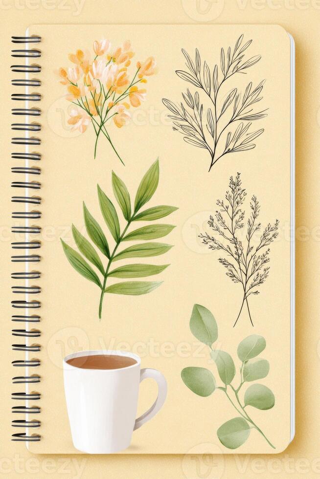 Botanical sketchbook with a cup of tea showing tropical leaves and flowers photo