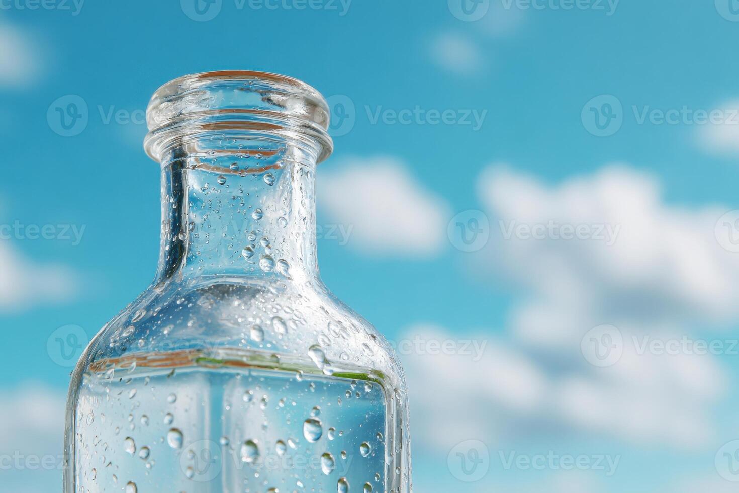 Clear glass bottle filled with water, showcasing droplets on the surface, against a bright blue sky with fluffy clouds, creating a refreshing and vibrant atmosphere photo