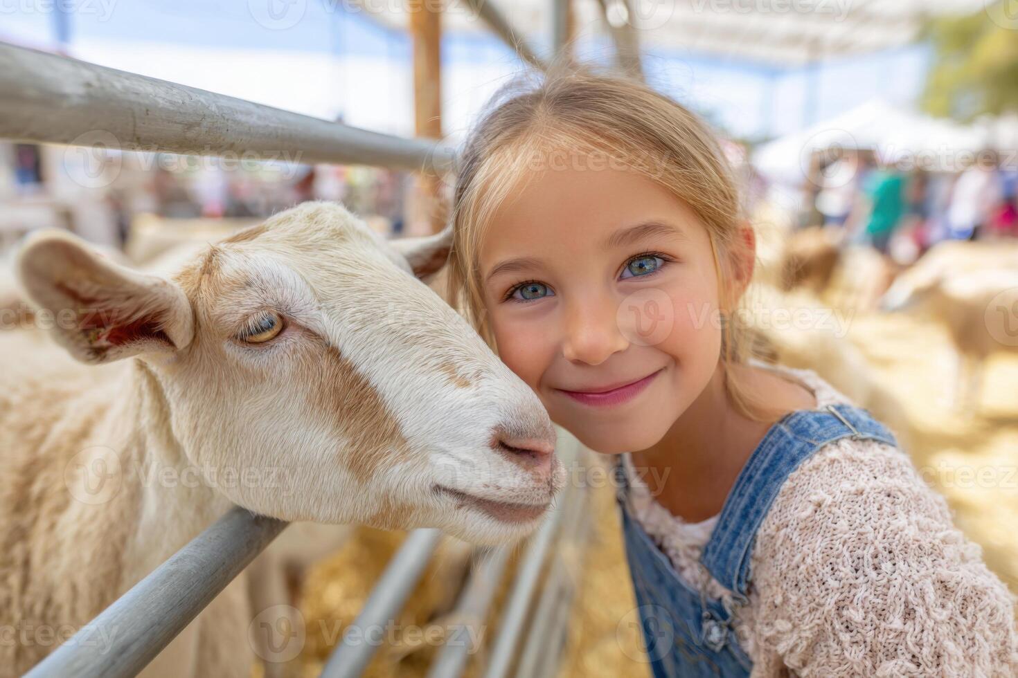 Smiling girl petting a goat at OC Fair petting zoo photo