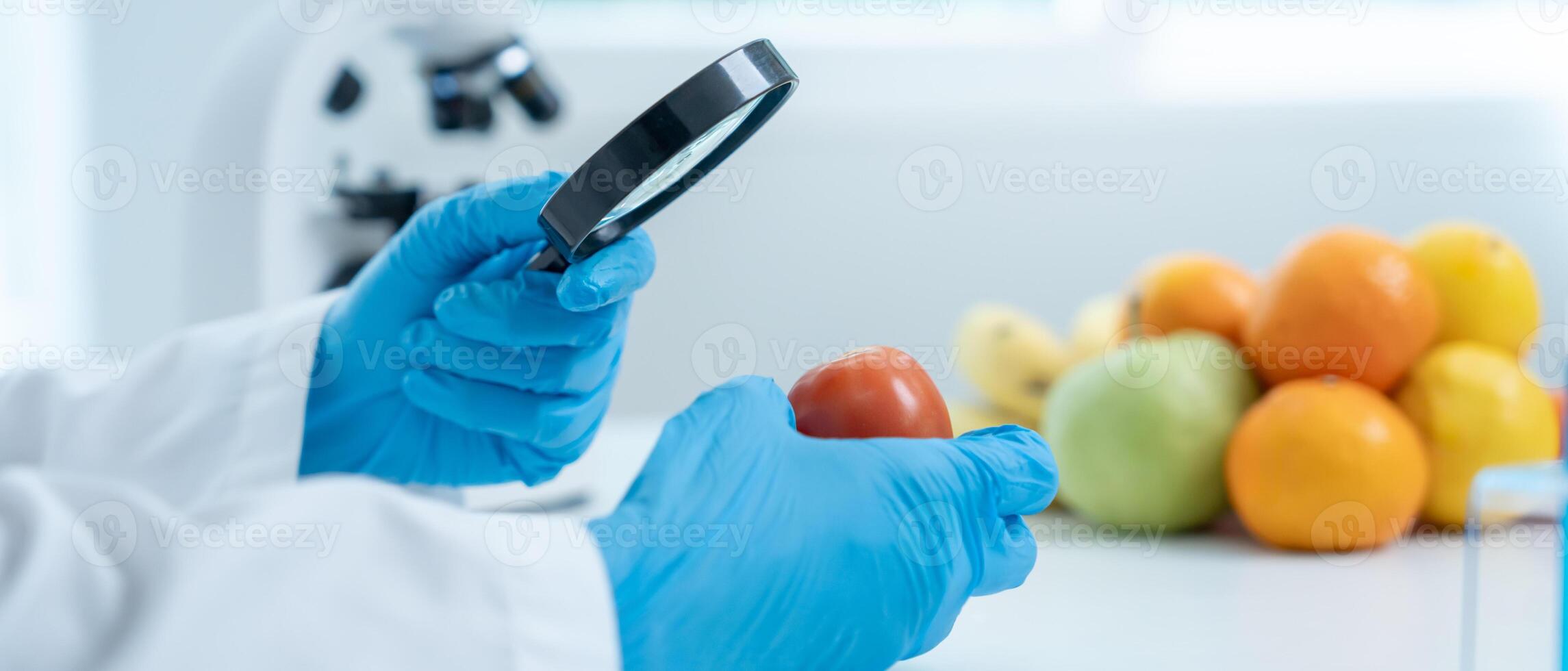 Scientist use magnifying glass to check physical occur from chemical on fruit and vegetable residues in laboratory. inspect the concentration of chemical residues, standard find prohibited substances. photo