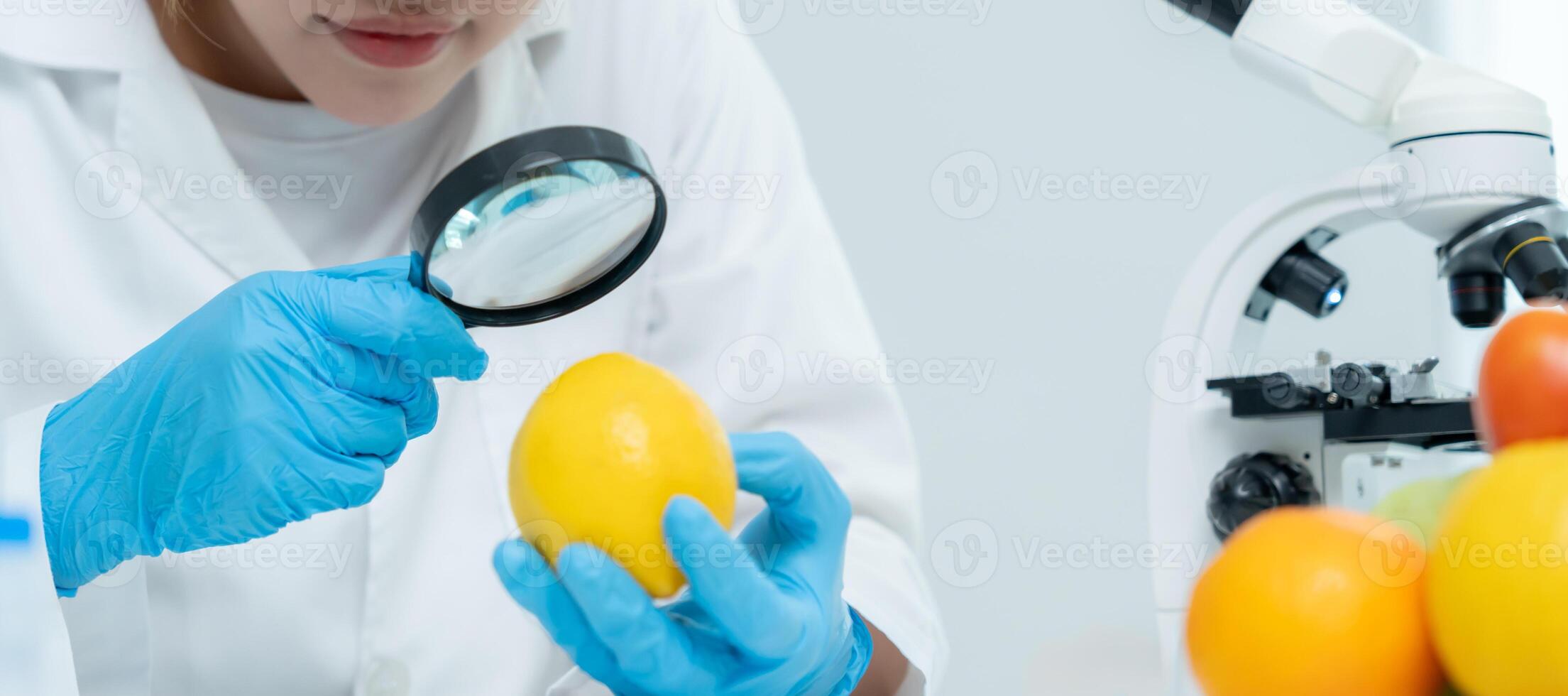 Scientist use magnifying glass check physical occur from chemical on fruit and vegetable residues in laboratory. inspect the concentration of chemical residues, standard, find prohibited substances photo