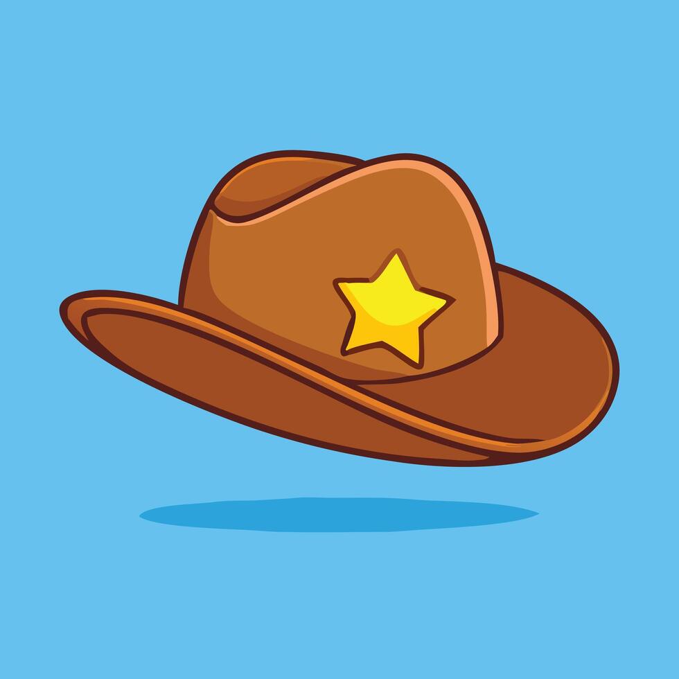 A cartoon cowboy hat in brown color displays a golden star over blue background vector