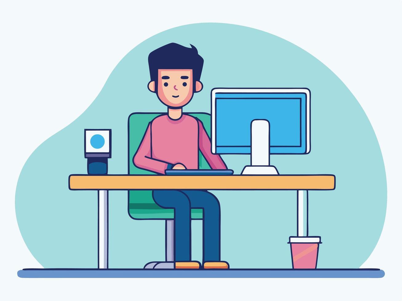 A cartoon man is seated at a desk with computer and coffee on desk vector