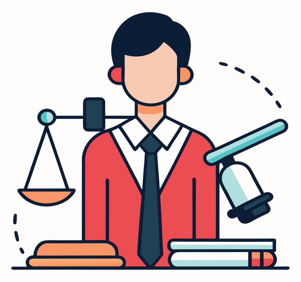 A faceless figure in a red suit stands behind judge gavel and scale symbol vector