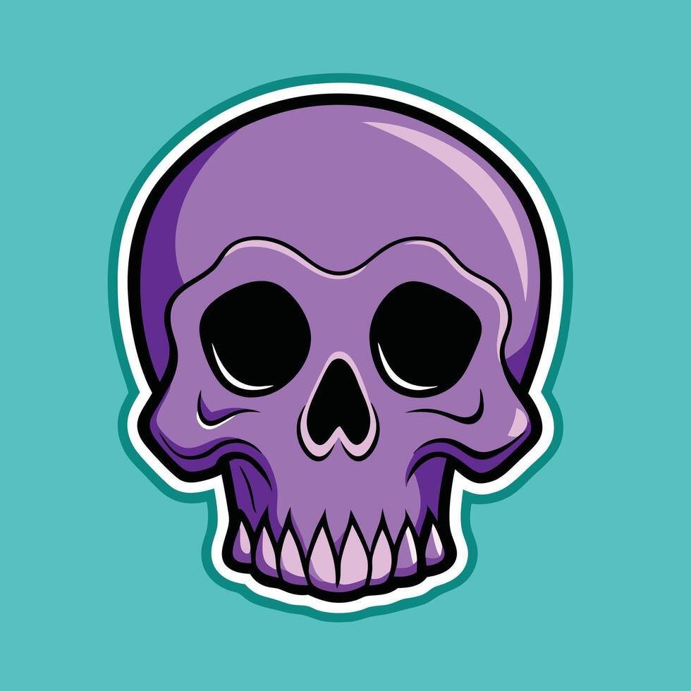 A cartoon skull with purple coloring is displayed against an aqua background vector