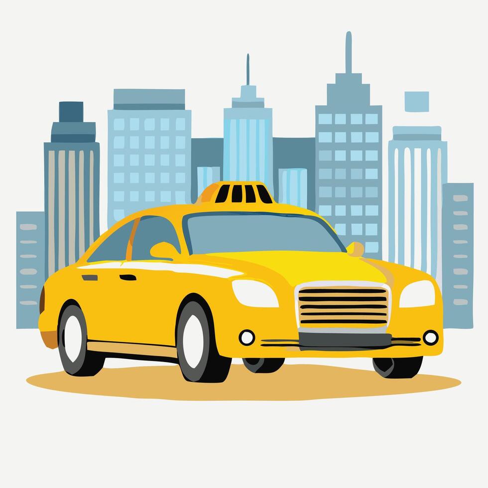 A bright yellow taxi cab is depicted against a backdrop of blue buildings vector