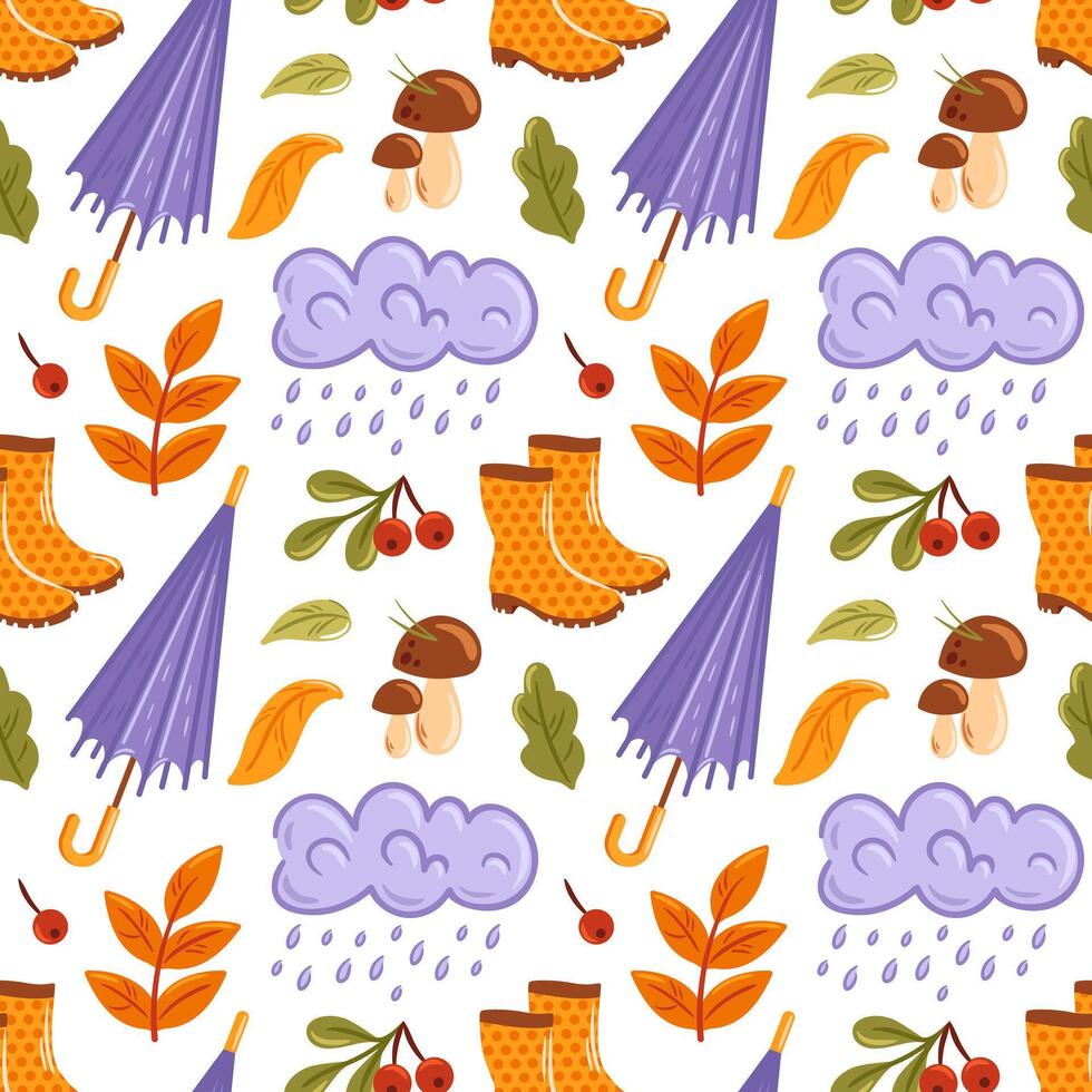 This playful autumn pattern features colorful umbrellas, bright vibrant leaves, and whimsical rain boots, celebrating the joy of the season and adding a cheerful touch to any design project. vector