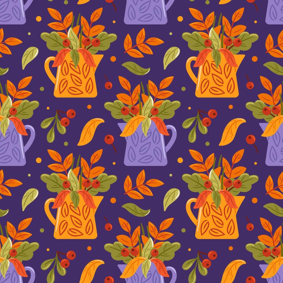 Floral pattern with jugs and leaves vector
