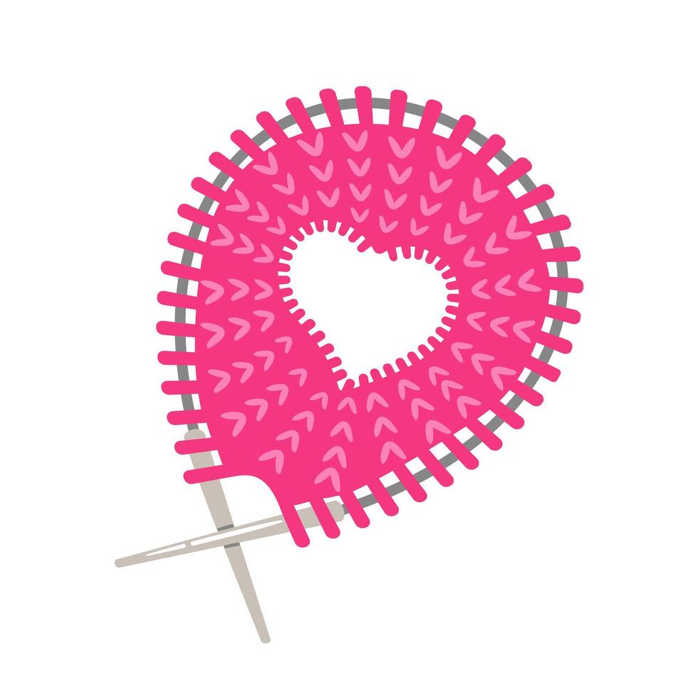 Bright pink knitting with a heart in the center. Playful and modern design with crossed needles, perfect for crafts and love-themed projects. vector