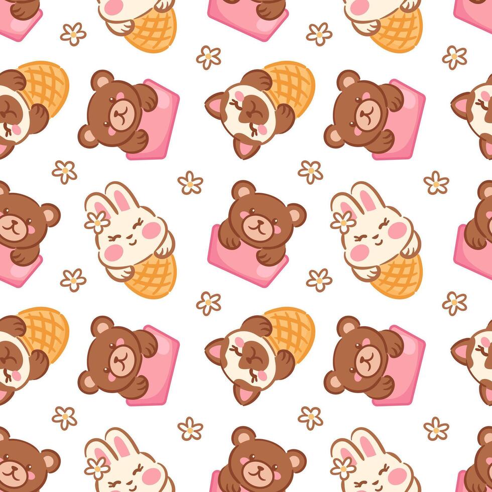 illustration showcases a playful seamless pattern featuring adorable bears and a bunny enjoying ice cream cones. The cute characters, along with flowers, create a cheerful and whimsical vibe. vector