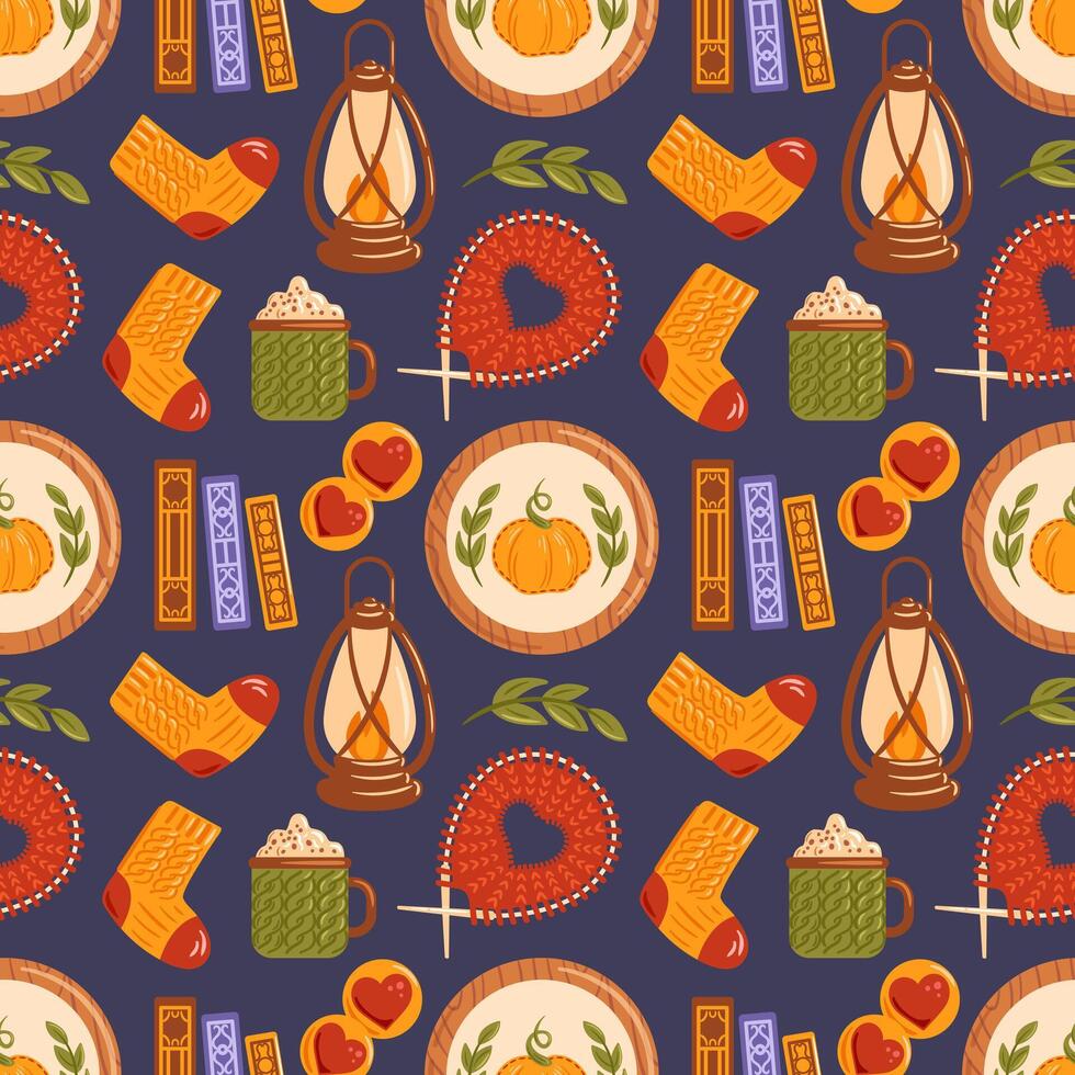 Autumn-themed pattern with cozy elements vector