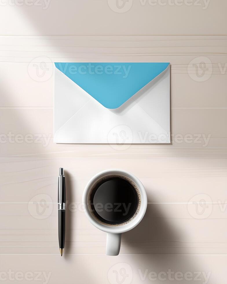 An envelope with a blue envelope and a pen on a wooden table top view photo