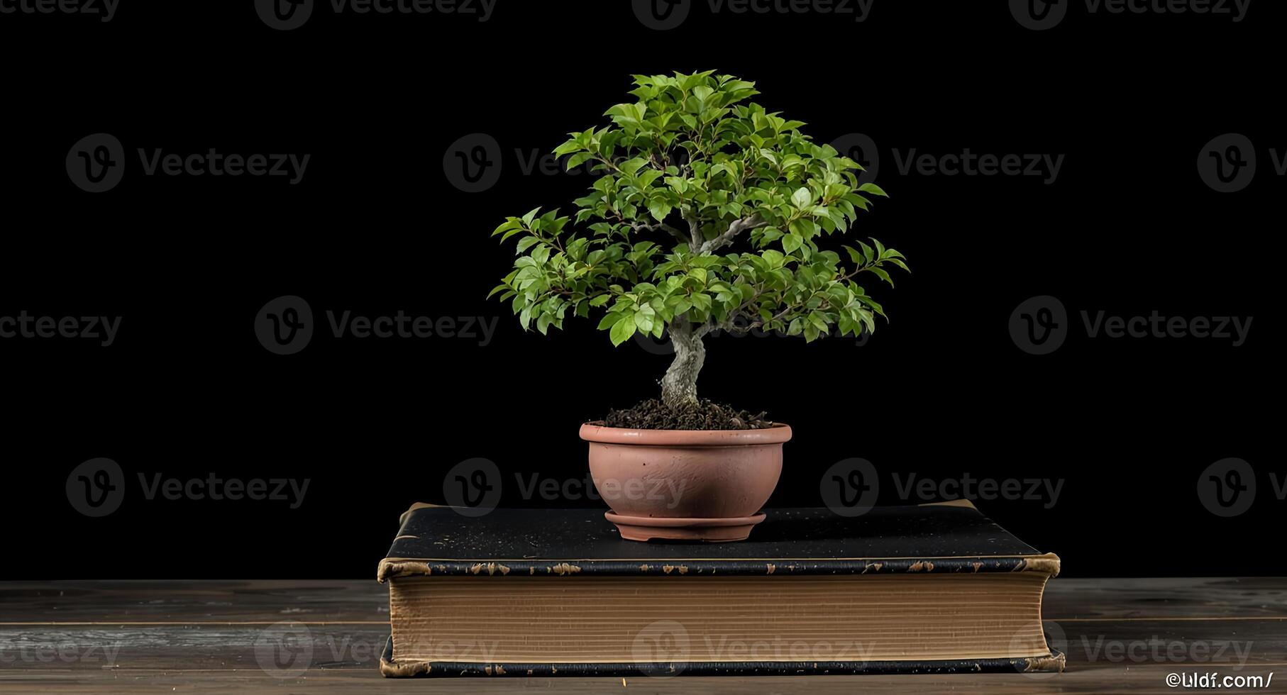 A bonsai tree in a pot on top of a book photo