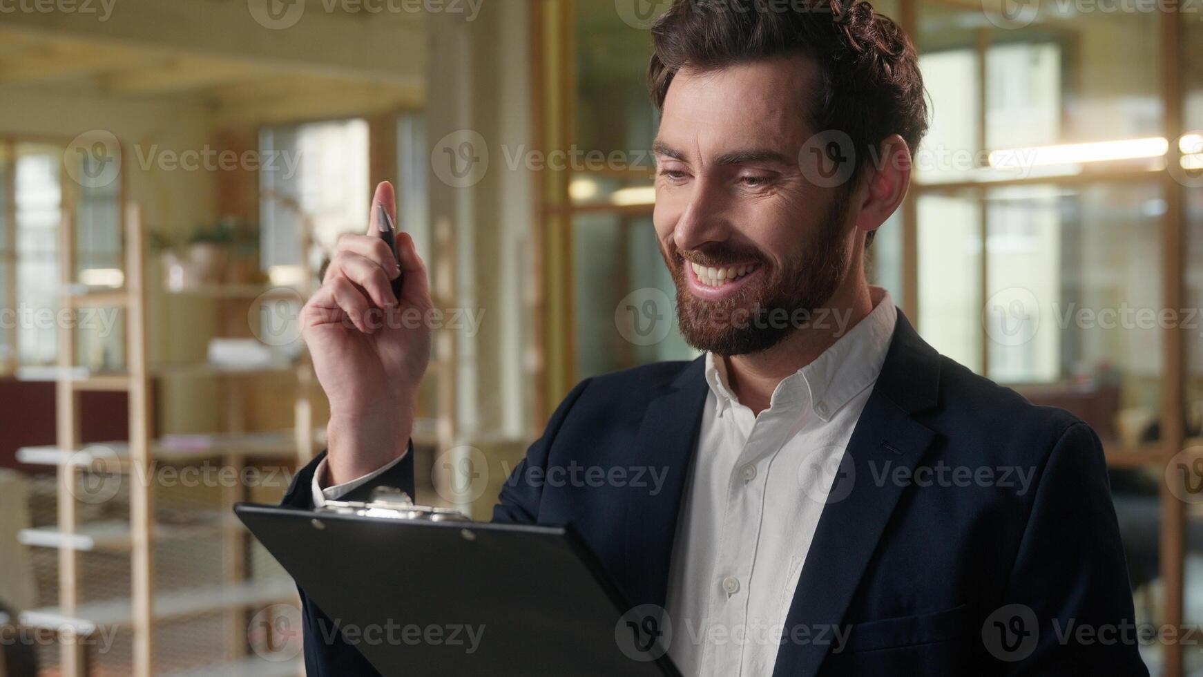 Businessman in office writing documents Caucasian business man sign contract insight create idea write papers agreement bank insurance successful deal happy employer agent corporate paperwork smiling photo