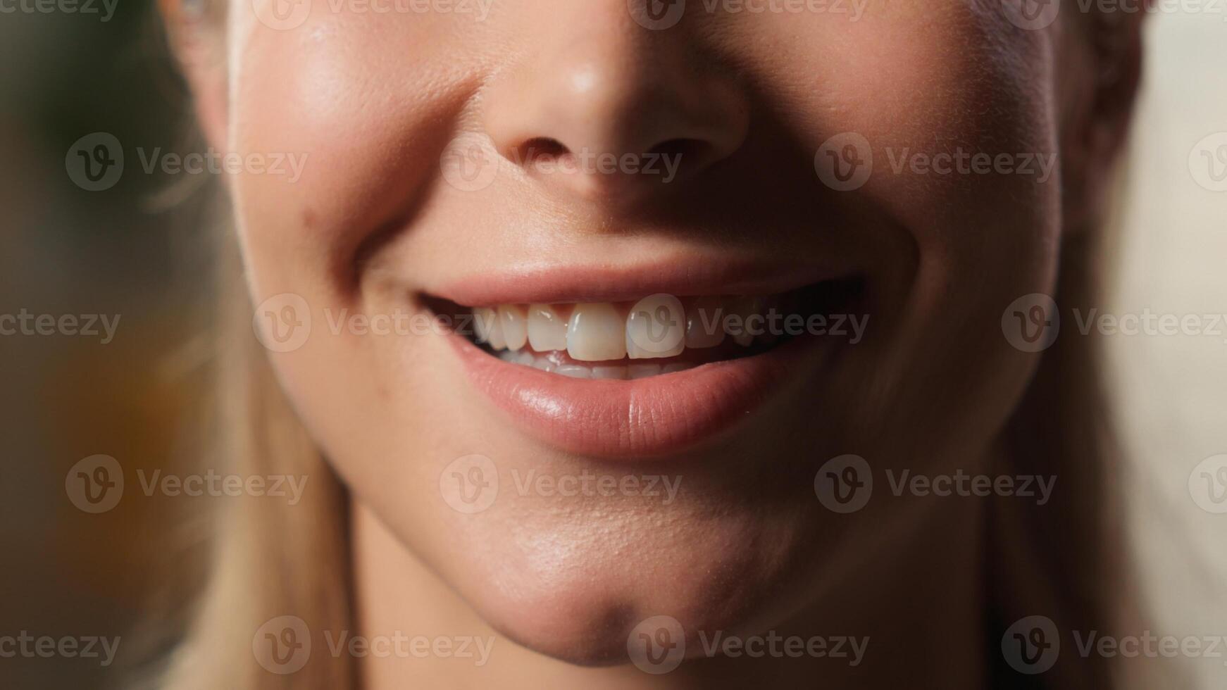 Cropped macro view close up unrecognizable Caucasian woman smiling toothy white healthy teeth dental oral medicine excited reaction girl female lips balm lipstick mouth smile half face indoor at home photo