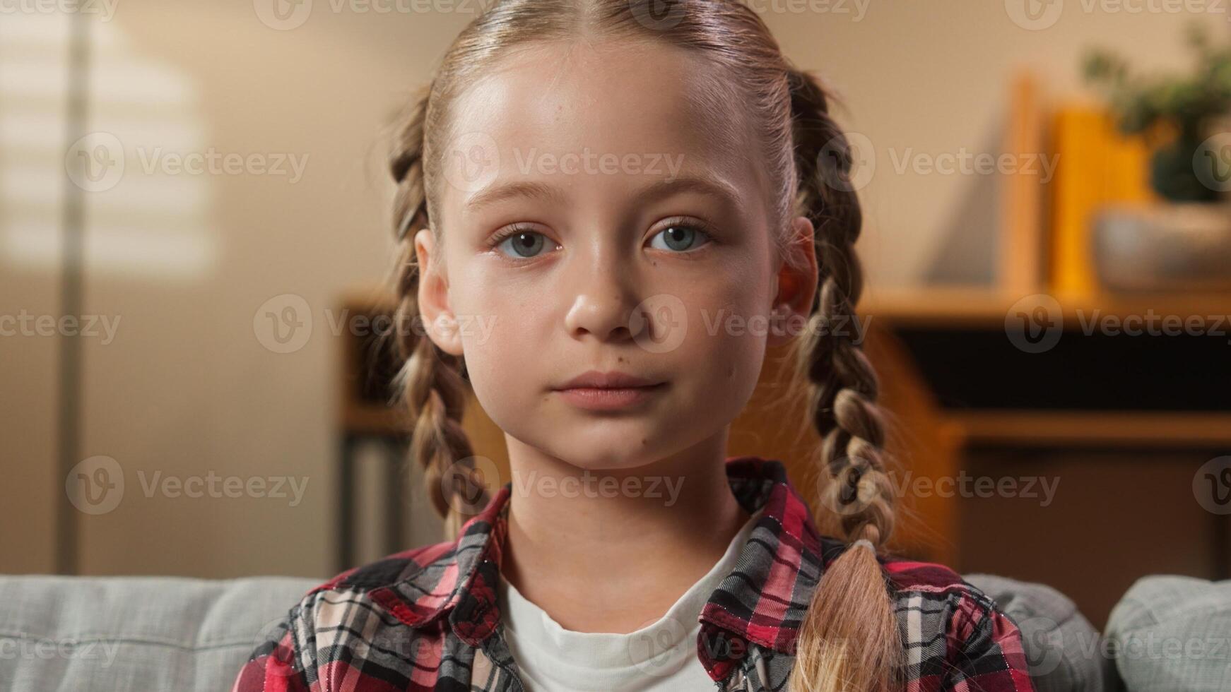 Portrait Caucasian little teen girl daughter child kid European teenager schoolgirl at home indoors calm serious positive looking at camera portrait childcare health custody pediatric health family photo