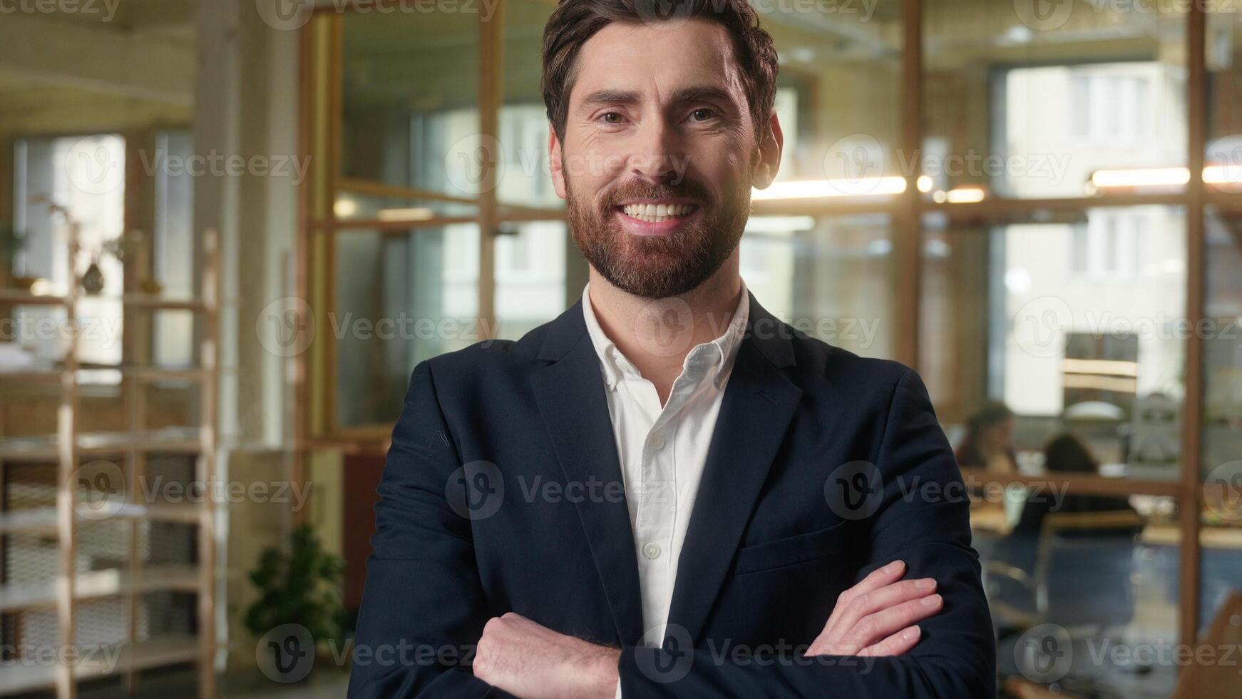 Portrait man Caucasian businessman smiling middle-aged business guy employer in office crossed hands male happy manager entrepreneur confident successful professional leader in suit real estate agent photo