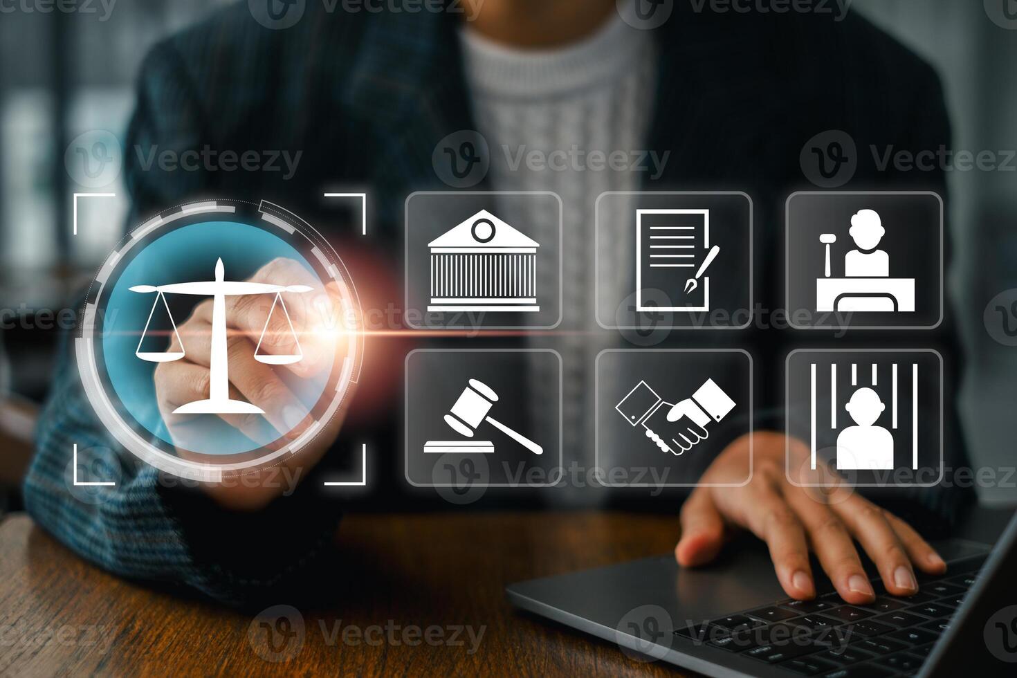 Digital interface showcasing law icons such as scales, gavel, and legal documents, symbolizing modern legal and judicial concepts. photo