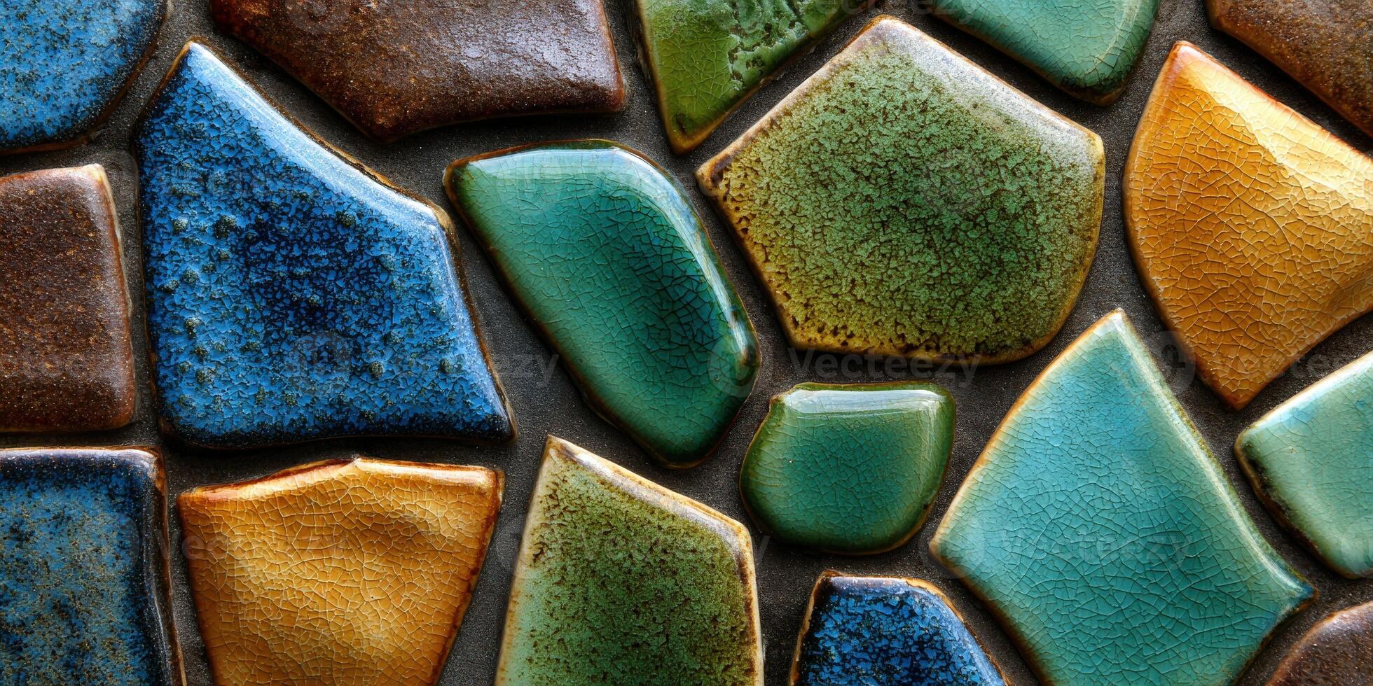 Colorful geometric mosaic tiles arranged in pattern closeup photo