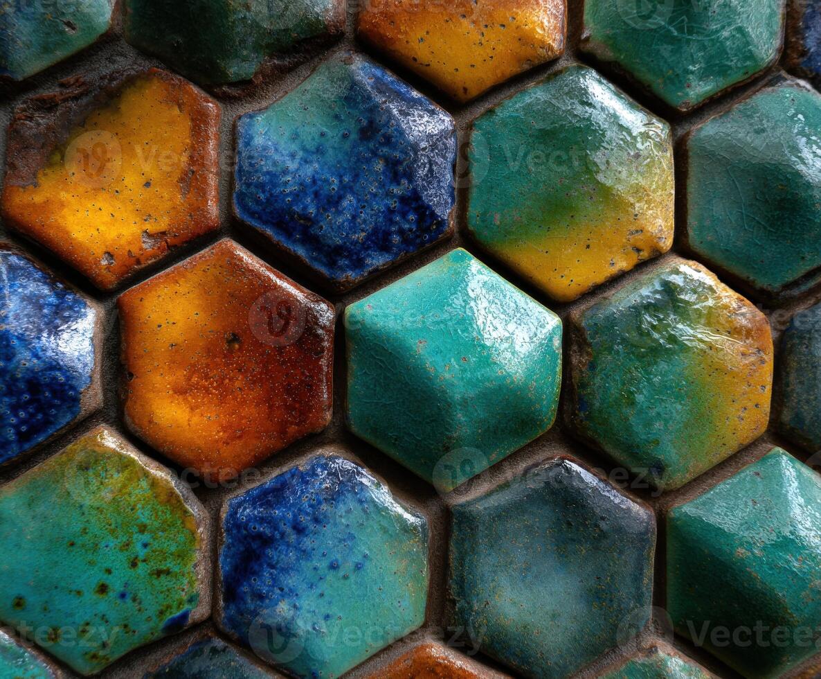Closeup of colorful hexagonal tiles on a wall in Portugal photo