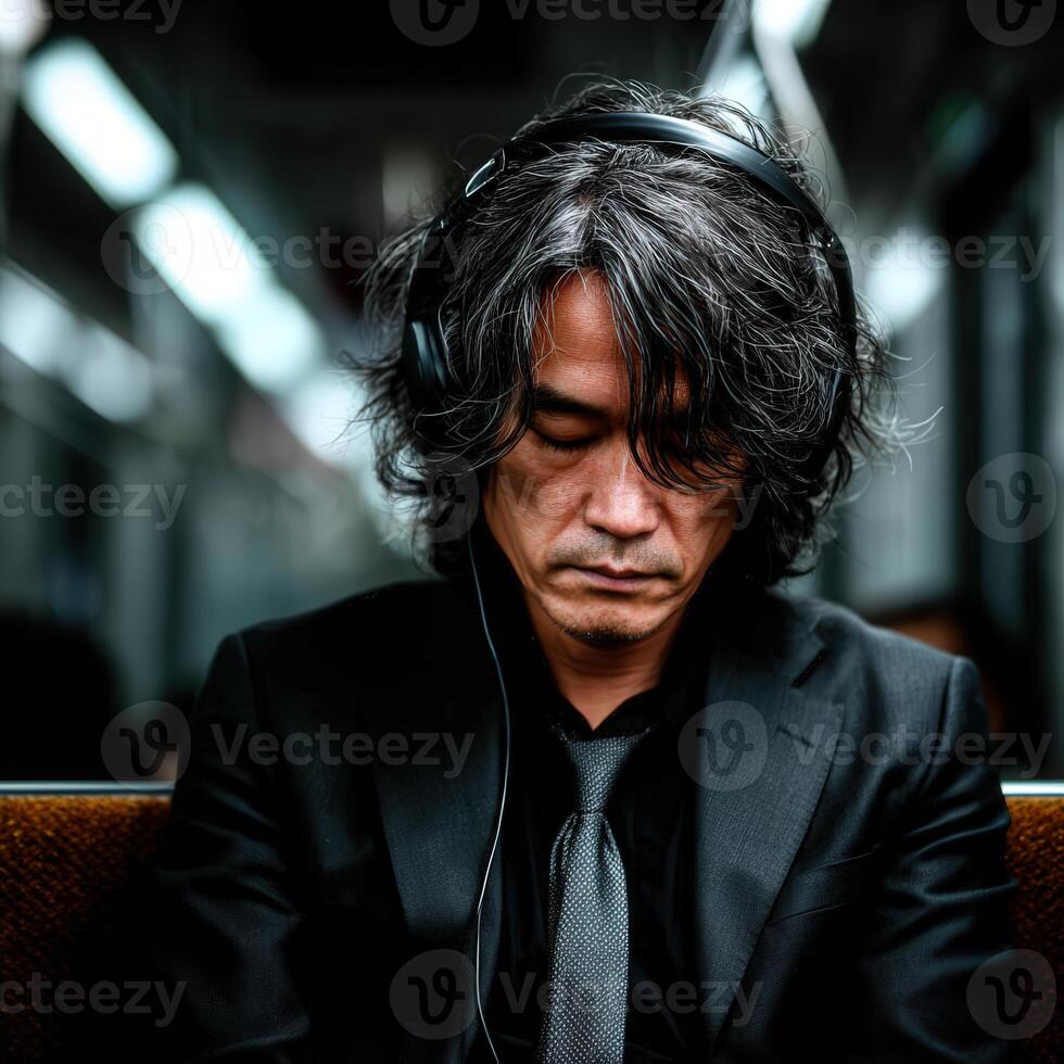 Man with headphones travels on a train in Japan photo