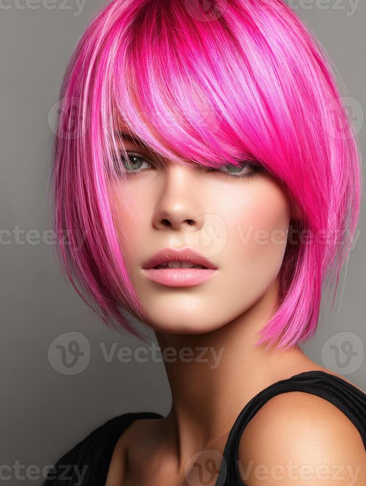 Bright pink hairstyle showcases modern chic in beauty photography photo