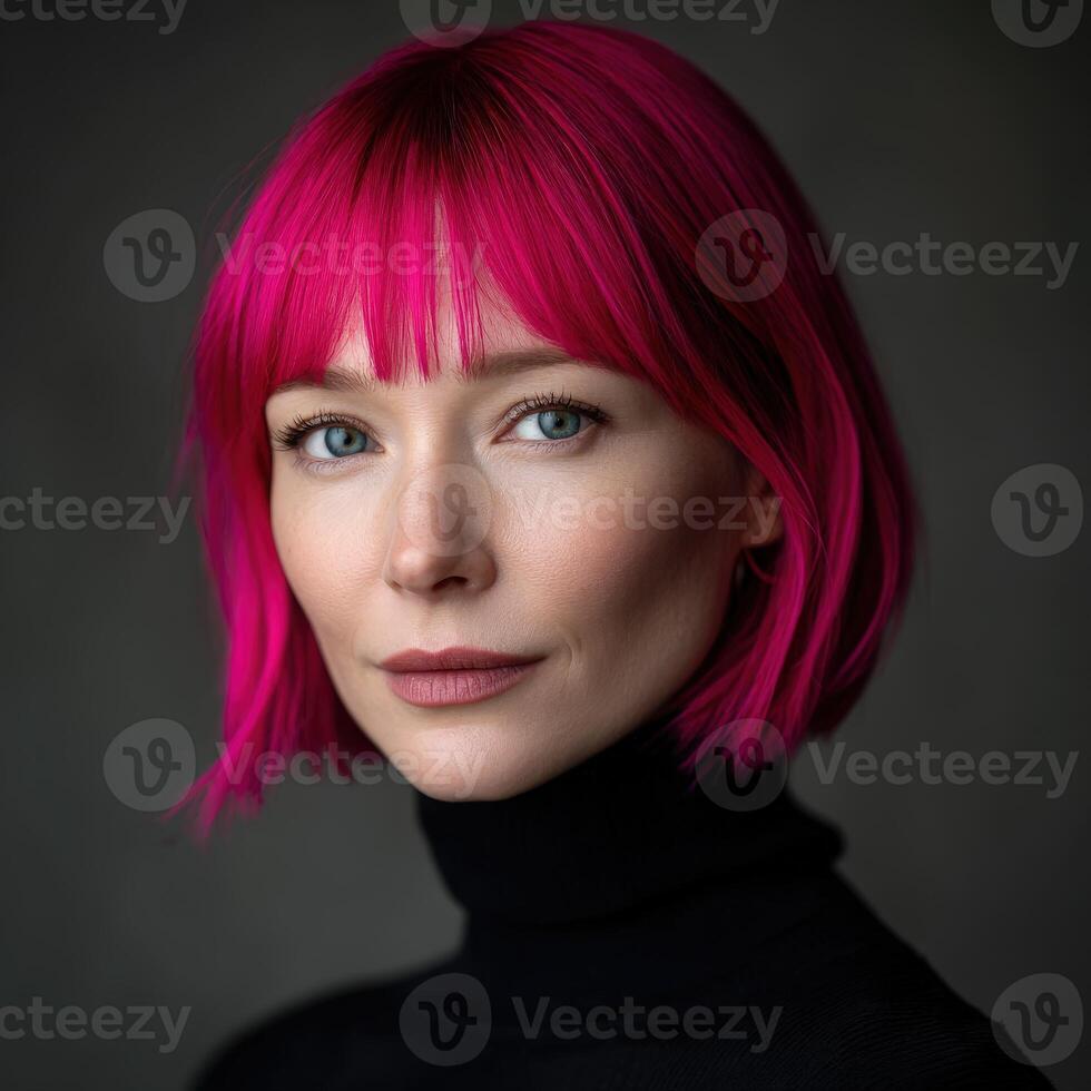 Bright pink-haired woman posing in a black turtleneck indoors photo