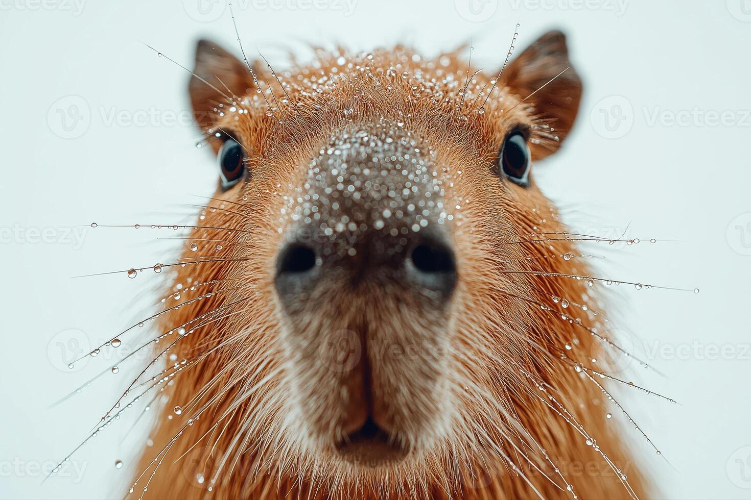 cute capybara with raindrops frozen in clear droplet reflections, pure white background, macro wildlife minimalism photo