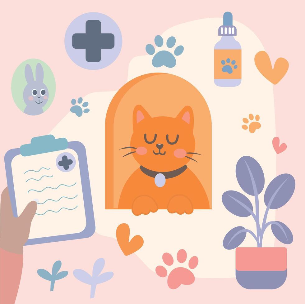 Animal set, cat in a veterinary clinic. Picture for animal lovers. Kitten tracks and a heart. Delicate shades in the illustration. vector