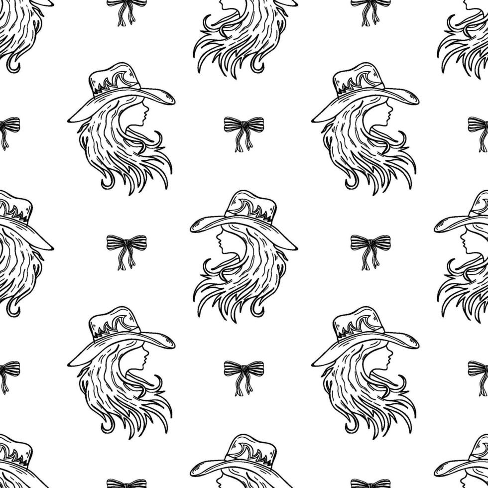 Coastal cowgirl seamless pattern in line art featuring cowgirls, hats, and bows creating a charming and whimsical design perfect for nautical themes vector