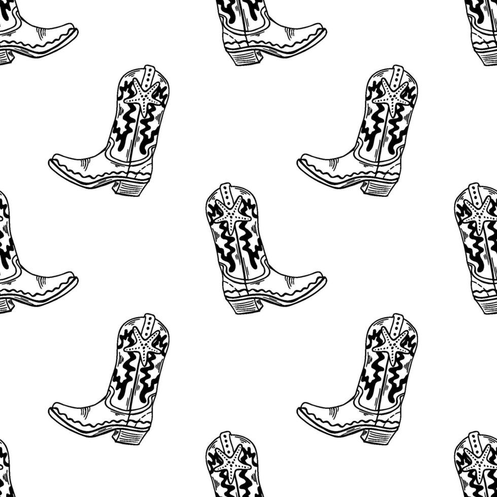 Coastal cowgirl seamless pattern in line art featuring hand drawn cowboy boots, perfect for western themed decor and nautical inspired designs vector