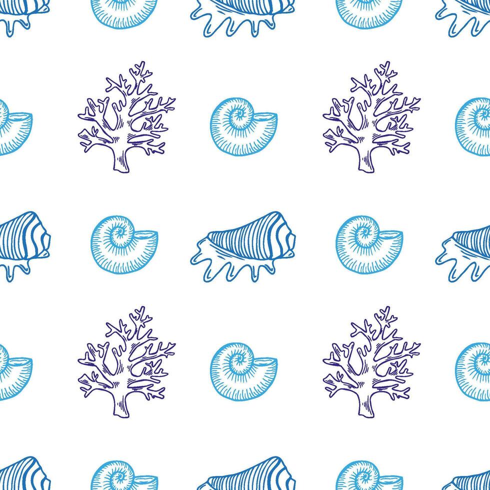 Coastal cowgirl seamless pattern featuring line art of shells, corals, and nautical elements in a fresh coastal design for art and decor projects vector