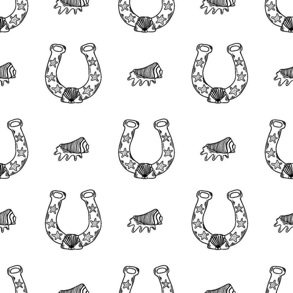 Coastal cowgirl seamless pattern line art featuring nautical elements, horseshoes, and shells in a playful western style vector