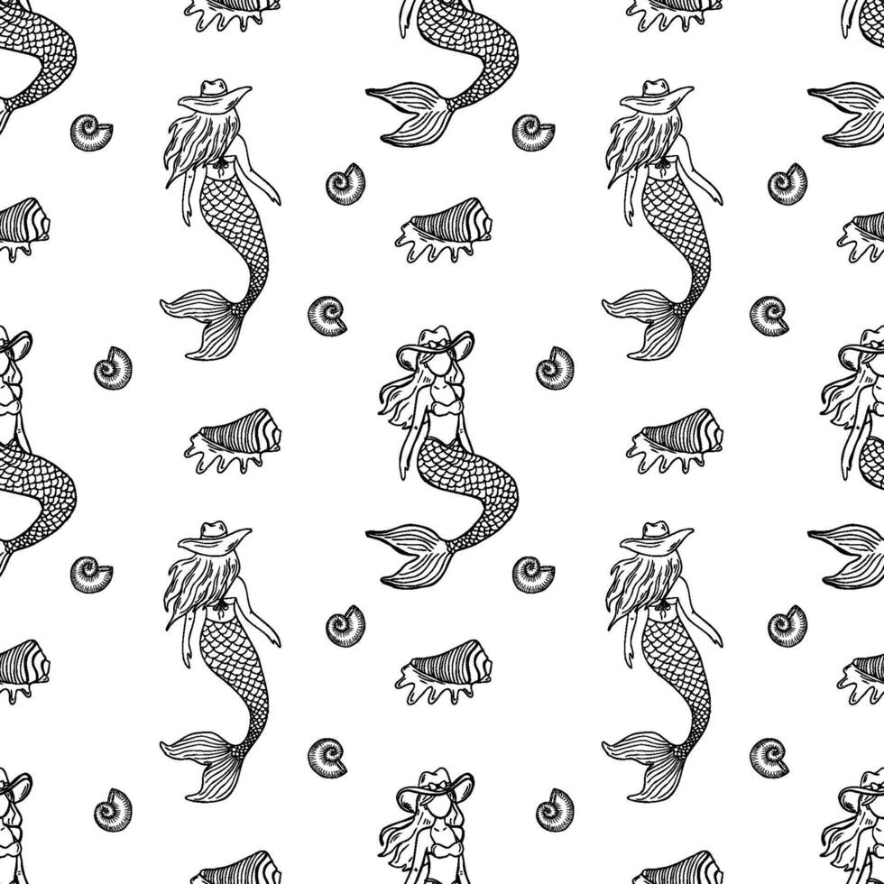 Coastal cowgirl seamless pattern line art featuring mermaids in cowboy hats and nautical elements like seashells and fish enhance the playful, hand-drawn appearance vector