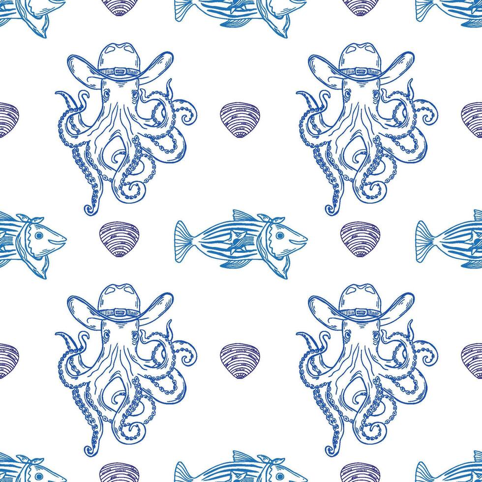 Coastal cowgirl seamless pattern line art showcasing nautical creatures like octopuses in cowboy hat and fish with a western twist for vibrant decor vector