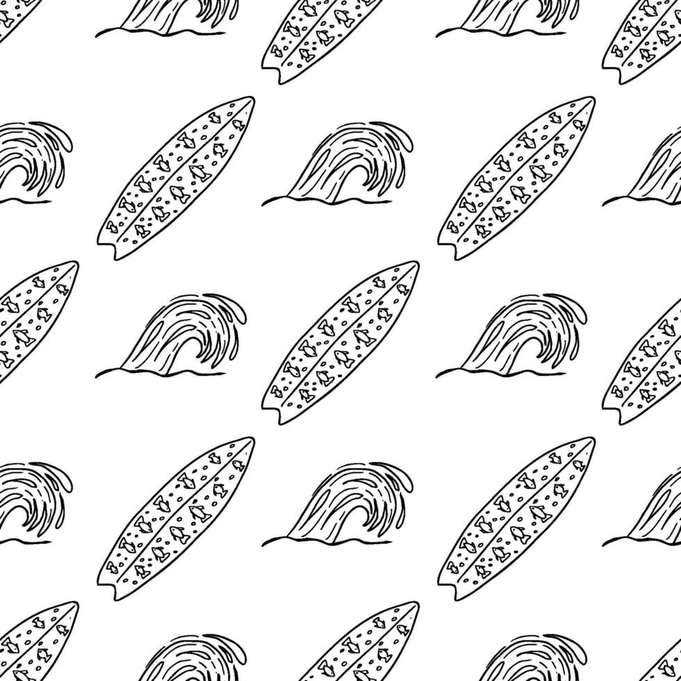 Coastal seamless pattern line art featuring surfboards and ocean waves with a western touch and nautical elements for creative projects. vector