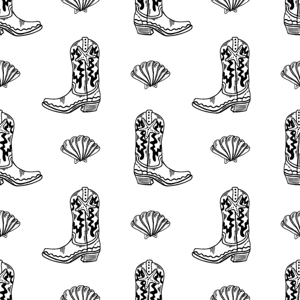 Coastal cowgirl seamless pattern featuring line art of cowboy boots and nautical shells for artistic expression and Western decor vector
