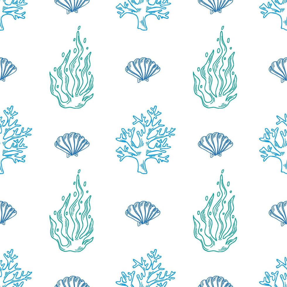Coastal seamless pattern line art featuring western elements, nautical designs, and hand drawn details of shells and coral in a calming color palette vector