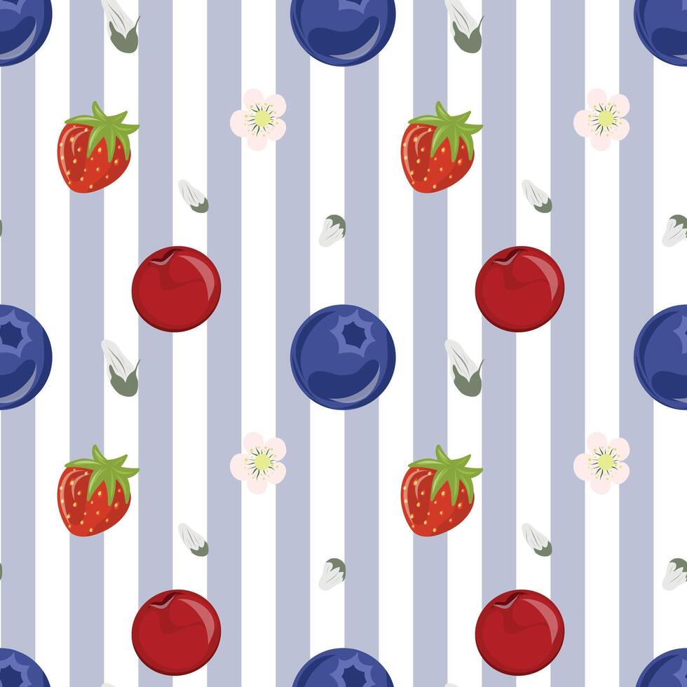 Striped Berry Seamless Pattern, Juneberry, Strawberry Cherry. Seamless Blue Vertical Stripe with Mixed Berries vector